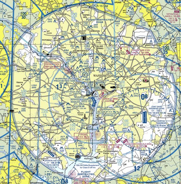 A Terminal Area Chart excerpt, showing the FRZ around Washington DC.